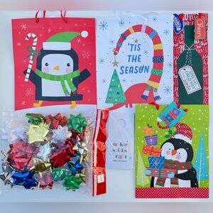 4 CHRISTMAS GIFT BAGS, 1 BAG of BOWS, 1 Set of 10 BOTTLE GIFT TAGS